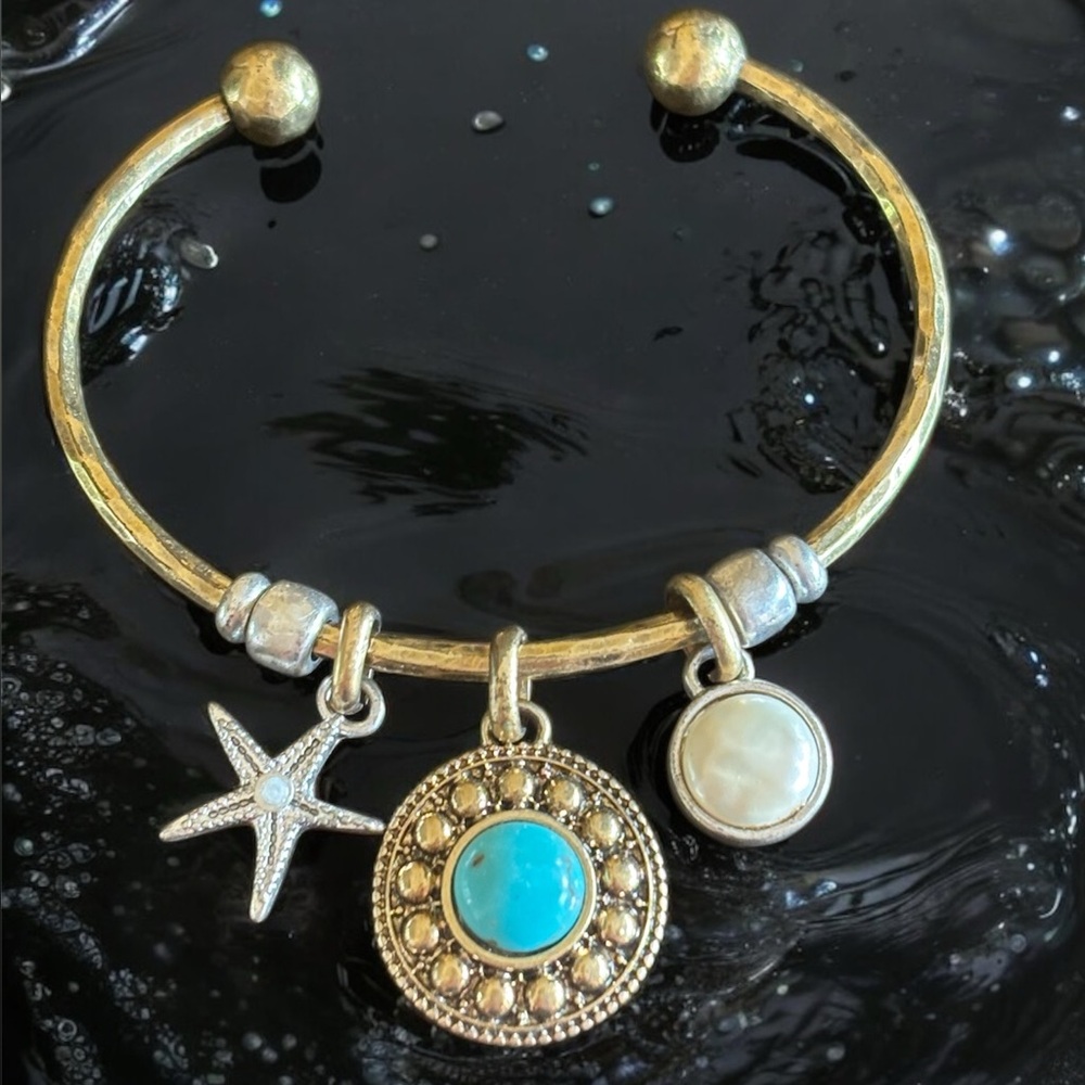 Lucky Brand Gold Tone Bangle Bracelet with Turquoise & Pearl Charms